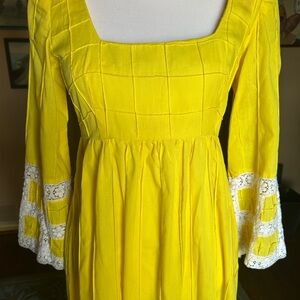 Vintage 1970’s Yellow maxi dress.  Pintuck fabric with white lace